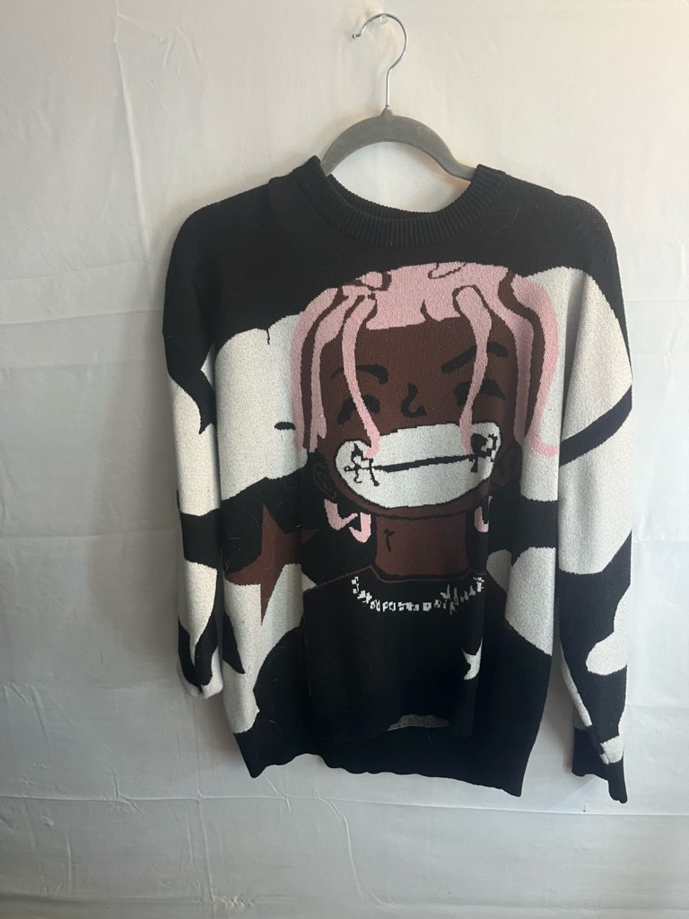 Graphic Knit Sweater with Pink Accent - Women's Crewneck